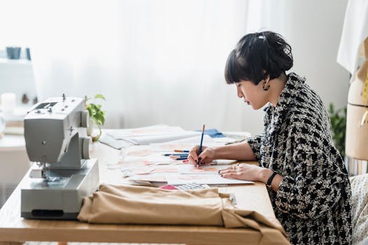 Side view of attentive young ethnic female tailor coloring sketch of apparel at table with sewing machine in studio