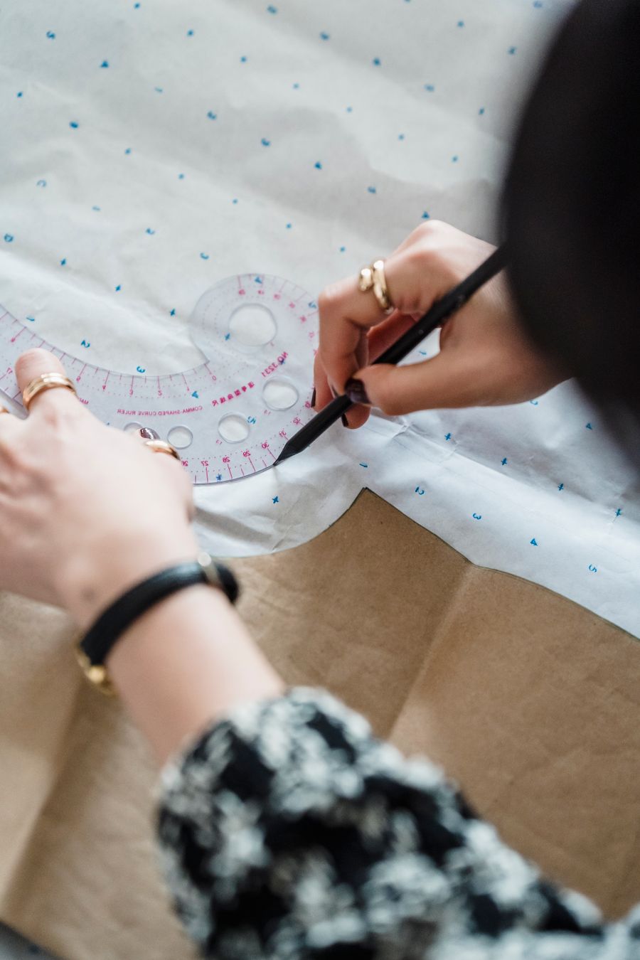 Close detail of garment construction and pattern