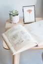 From above of opened notebook with various glued sketches placed on wooden table with framed picture and potted succulent plant in light workshop