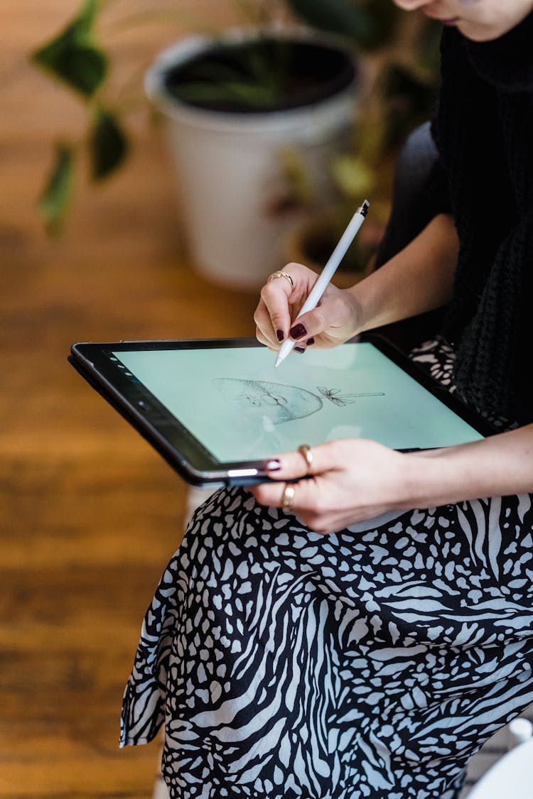 Woman Drawing Sketch On Graphic Tablet