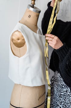 Crop unrecognizable female dressmaker working with measuring tape and mannequin in white tank top