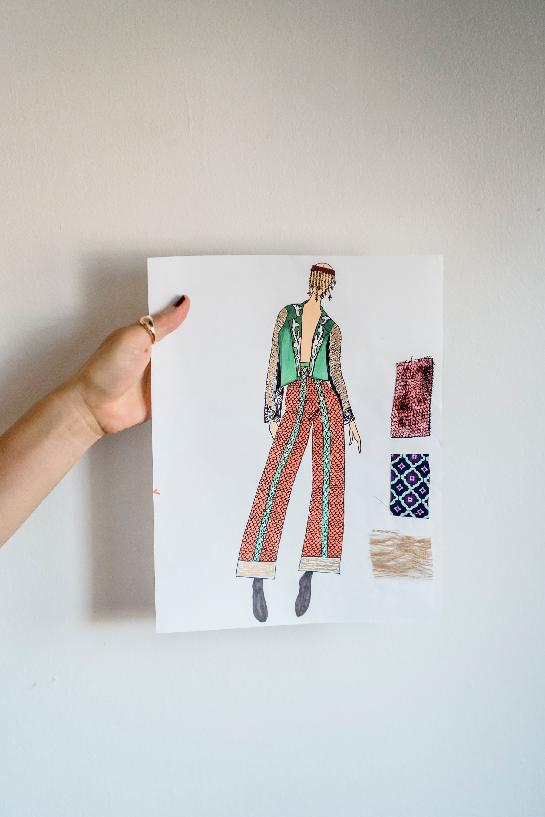 Apparel design sketch with fabric samples for custom garment development