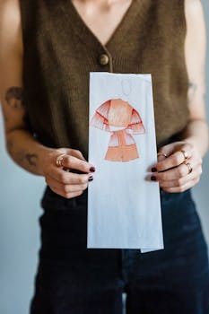 Crop faceless female dressmaker with tattoos on arms in trendy outfit demonstrating paper with fashion draft against white wall in studio