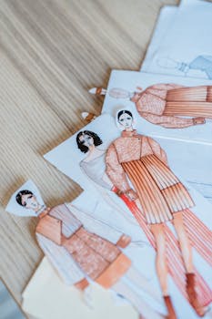Close-up of fashion design sketches and models on a wooden desk in a studio.