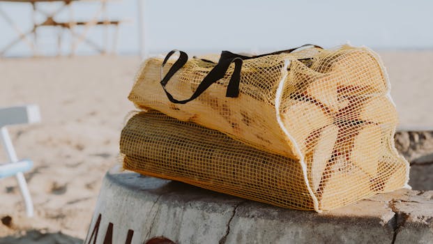 Net bag of firewood resting on a fire pit at the beach. Perfect for a summer outing or bonfire vibe.