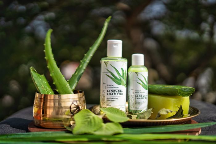 Bottles of shampoo and hair treatment
