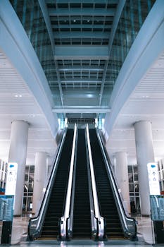 View of modern escalators in a spacious glass-panel interior, San Francisco.