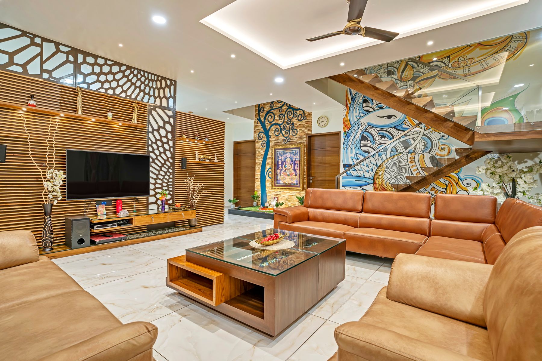 Luxury Indian living room with handcrafted wooden furniture