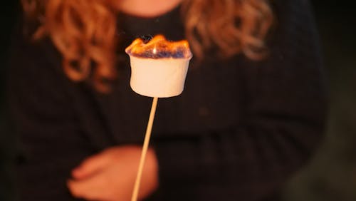 Free Person Holding Marshmallow on Stick with Fire Stock Photo