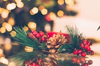 充满活力的圣诞场景中，红色蜡烛、松果和浆果被节日散景灯环绕