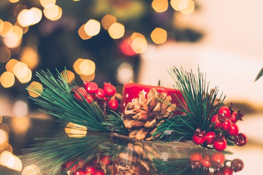 充满活力的圣诞场景中，红色蜡烛、松果和浆果被节日散景灯环绕