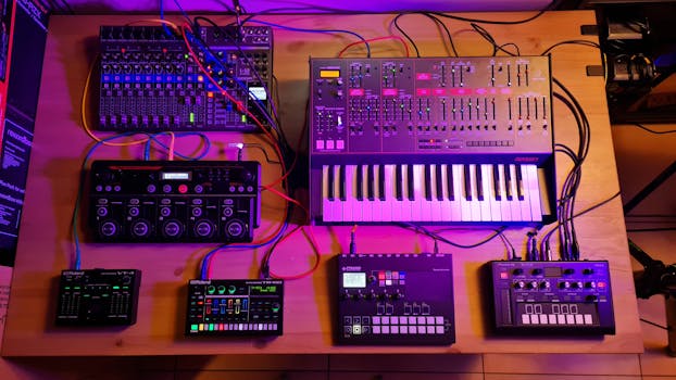 A diverse electronic music setup featuring synthesizers and mixers on a table with vibrant lighting.