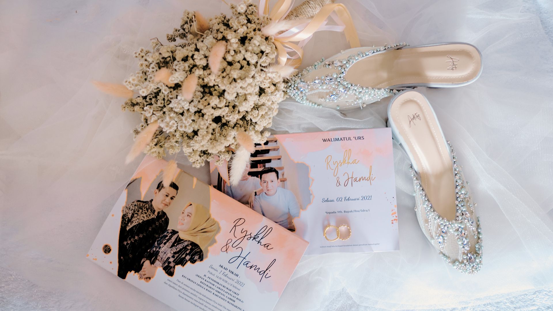 Nikkah Cards: Customise Your Special Day 4 Flat lay of wedding invitation with shoes and floral bouquet on a white sheet — nikkah cards