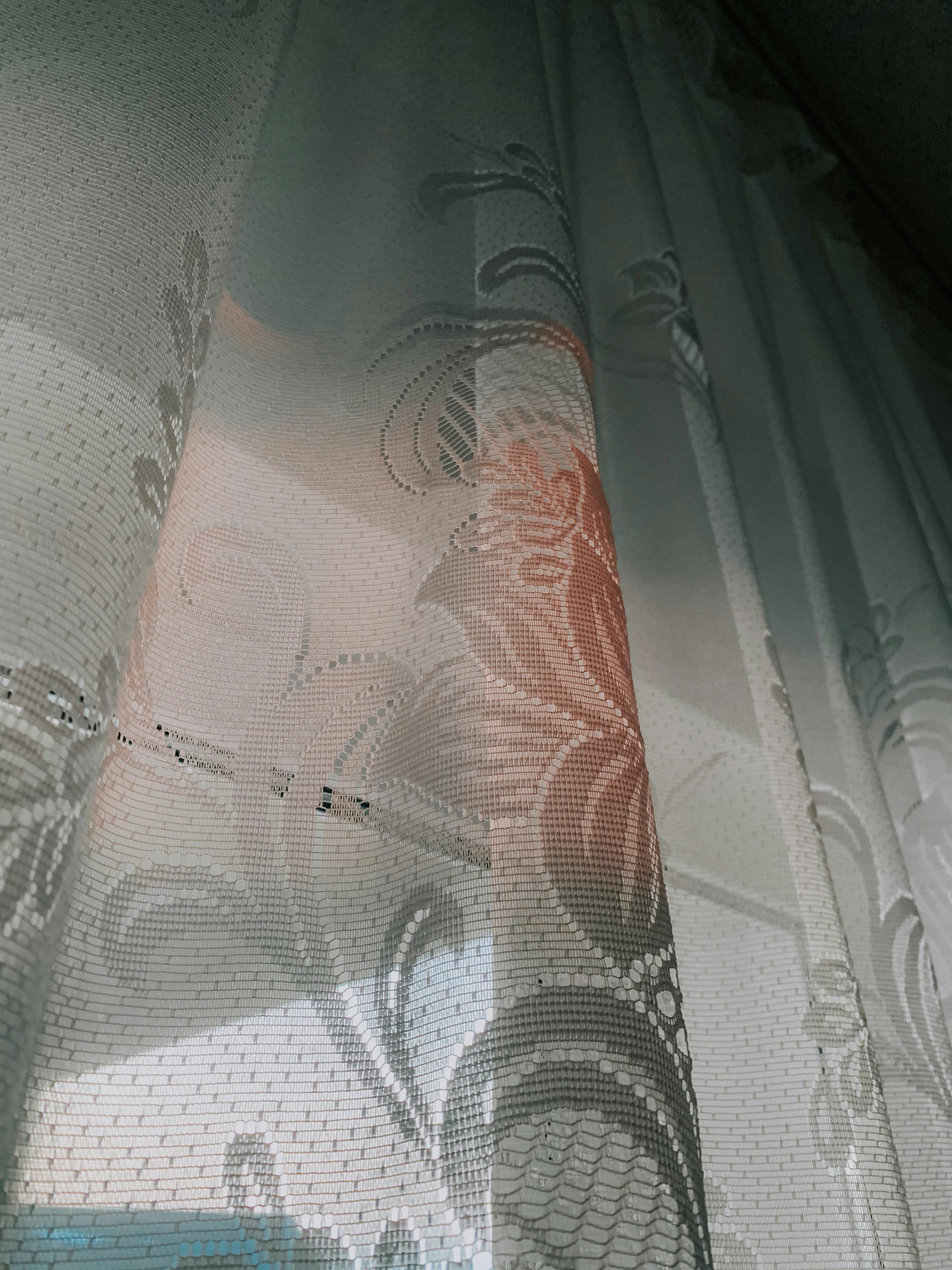 Elegant sheer curtain with floral patterns softens indoor light, creating a peaceful modern atmosphere.