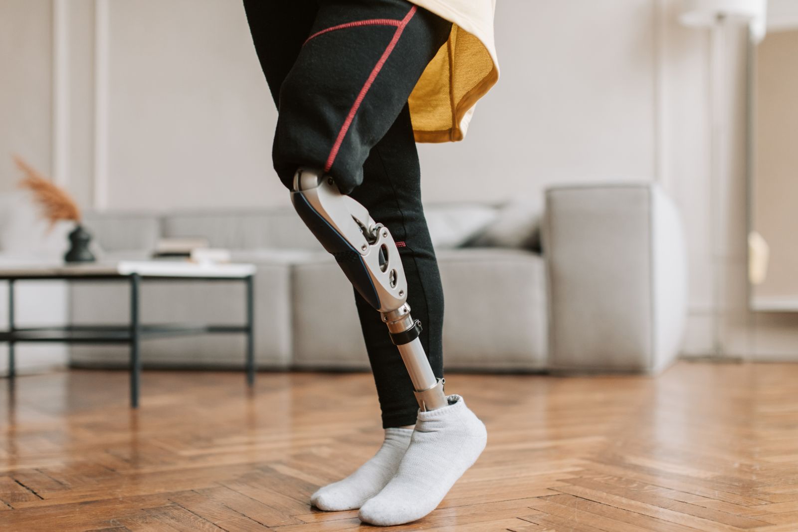 Close-up view of a modern prosthetic leg
