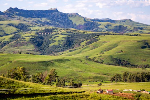 View of lush green hills and a viaduct in South Africa's countryside.