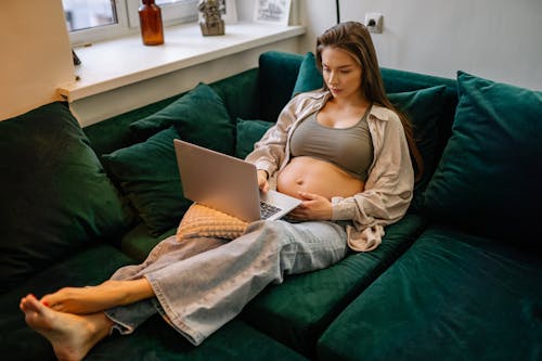 Free Pregnant Woman using Laptop  Stock Photo