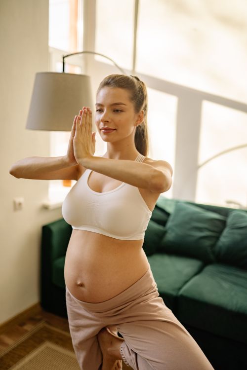 Free Expectant mother doing yoga indoors, maintaining health and wellness. Stock Photo