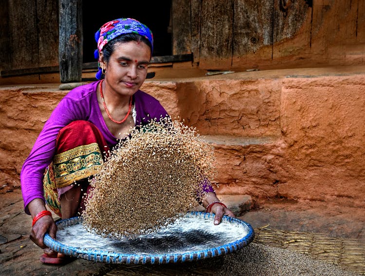 Woman Preparing Grains For Meal 