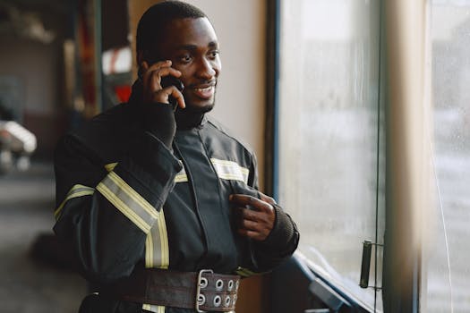 A firefighter in uniform talking on a mobile phone, depicted indoors near a window.