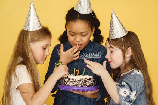 Three children celebrating a birthday with cake and party hats against a yellow background.
