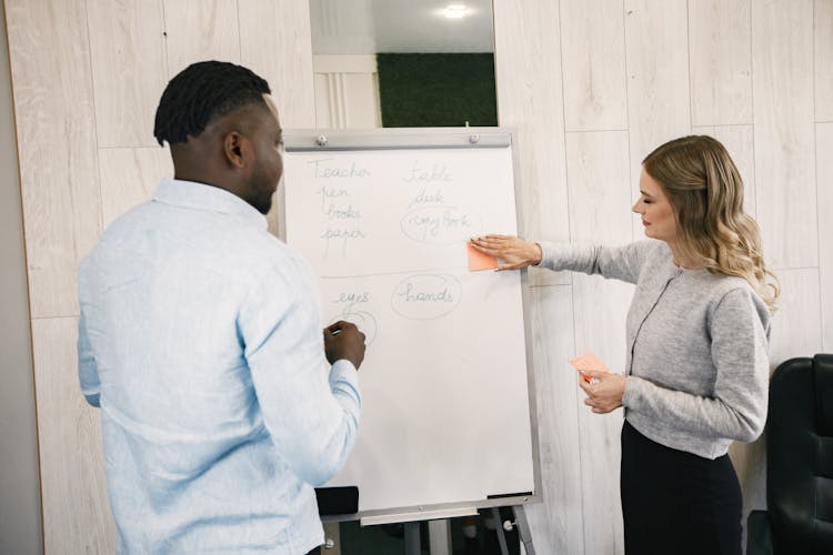 Man And Woman Standing In Font Of White Board