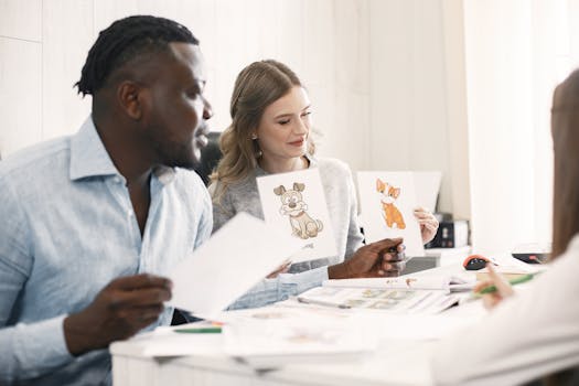 Diverse group discussing cartoon illustrations in a bright office setting.