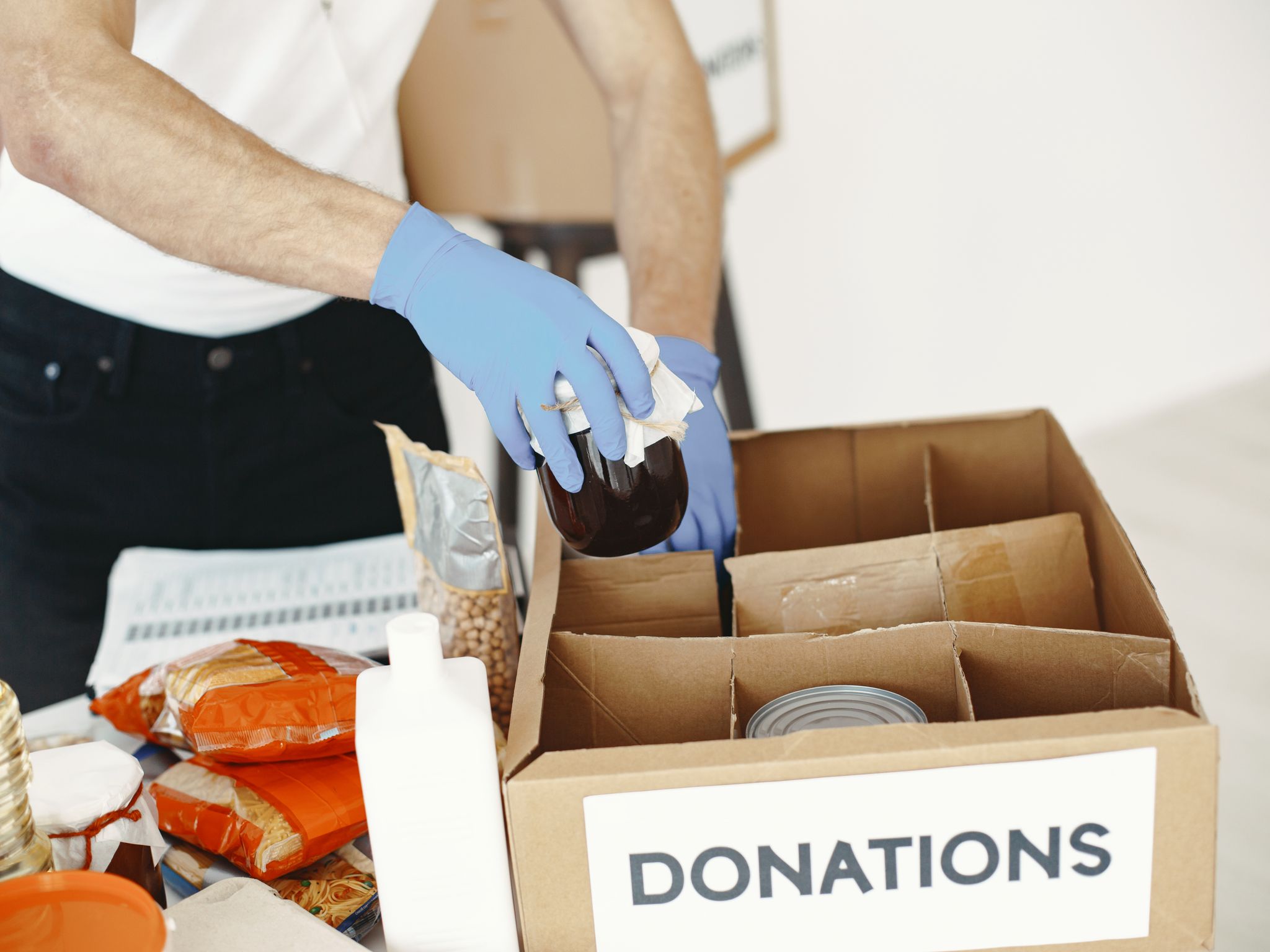Volunteers sorting food donations