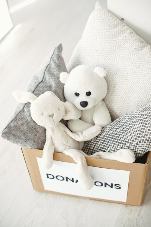 Free A Box of Donations with Pillows and Stuffed Animals Stock Photo