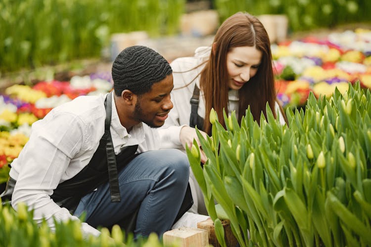 People In Aprons Working In Flower Garden