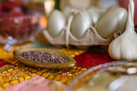 Close-up of a Nowruz Haft Sin display featuring painted eggs and garlic, symbolizing Persian New Year.