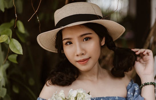 一位年轻女子穿着花卉连衣裙、戴着帽子，在户外的大自然中温柔地微笑