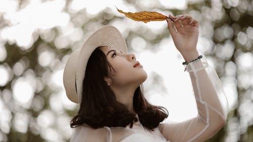 女人拿著棕色的葉子的時候穿著白色的長袖勺脖子上衣
