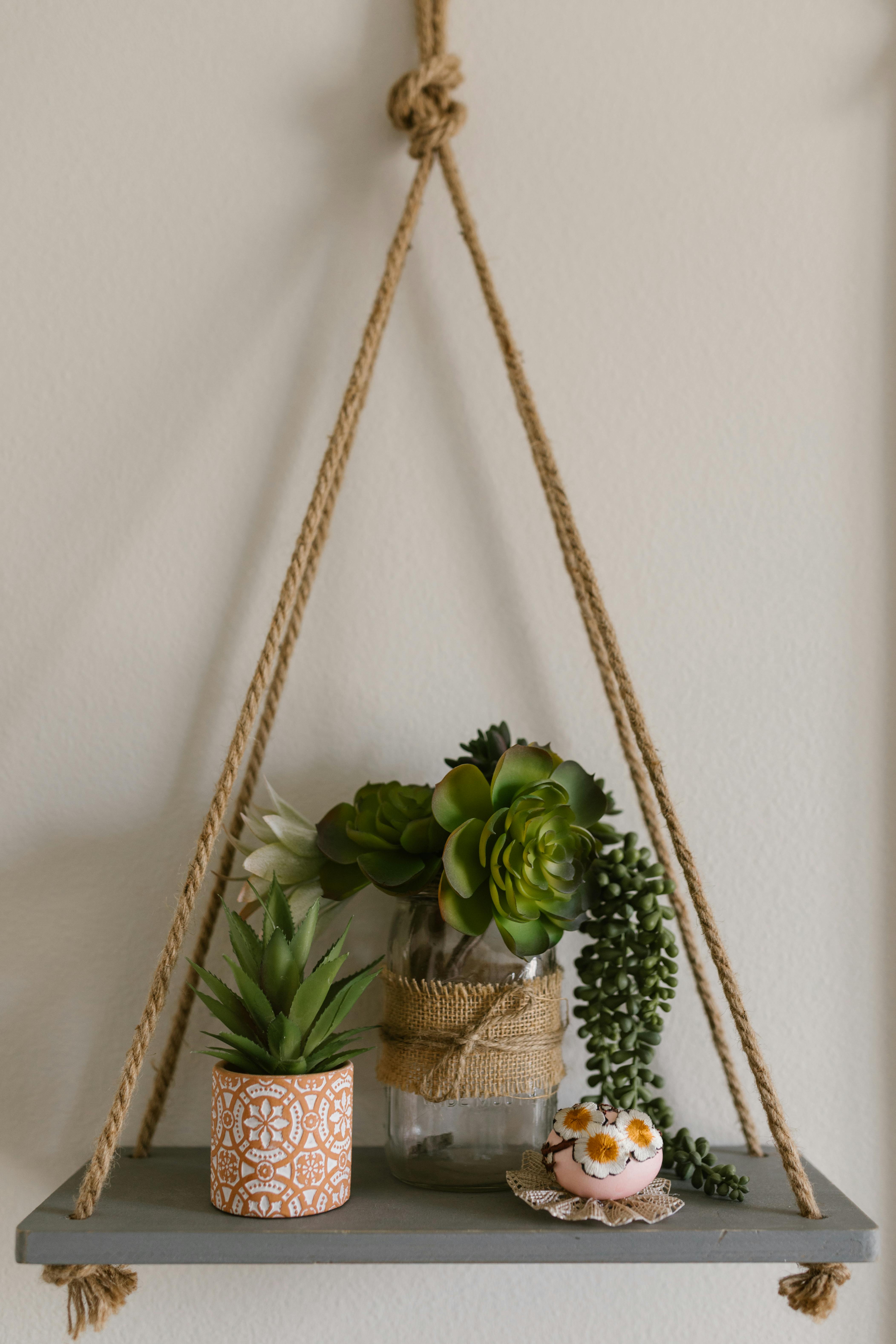Stylish hanging rope shelf featuring succulent plants and decorative items.