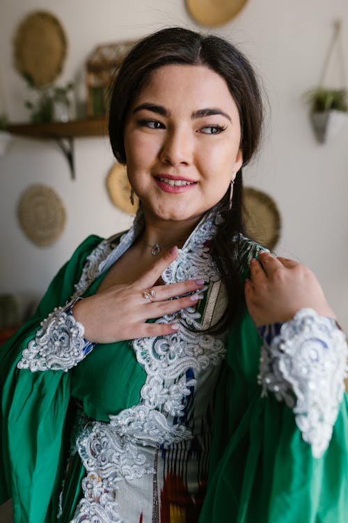 Woman In Green Dress With White Lace