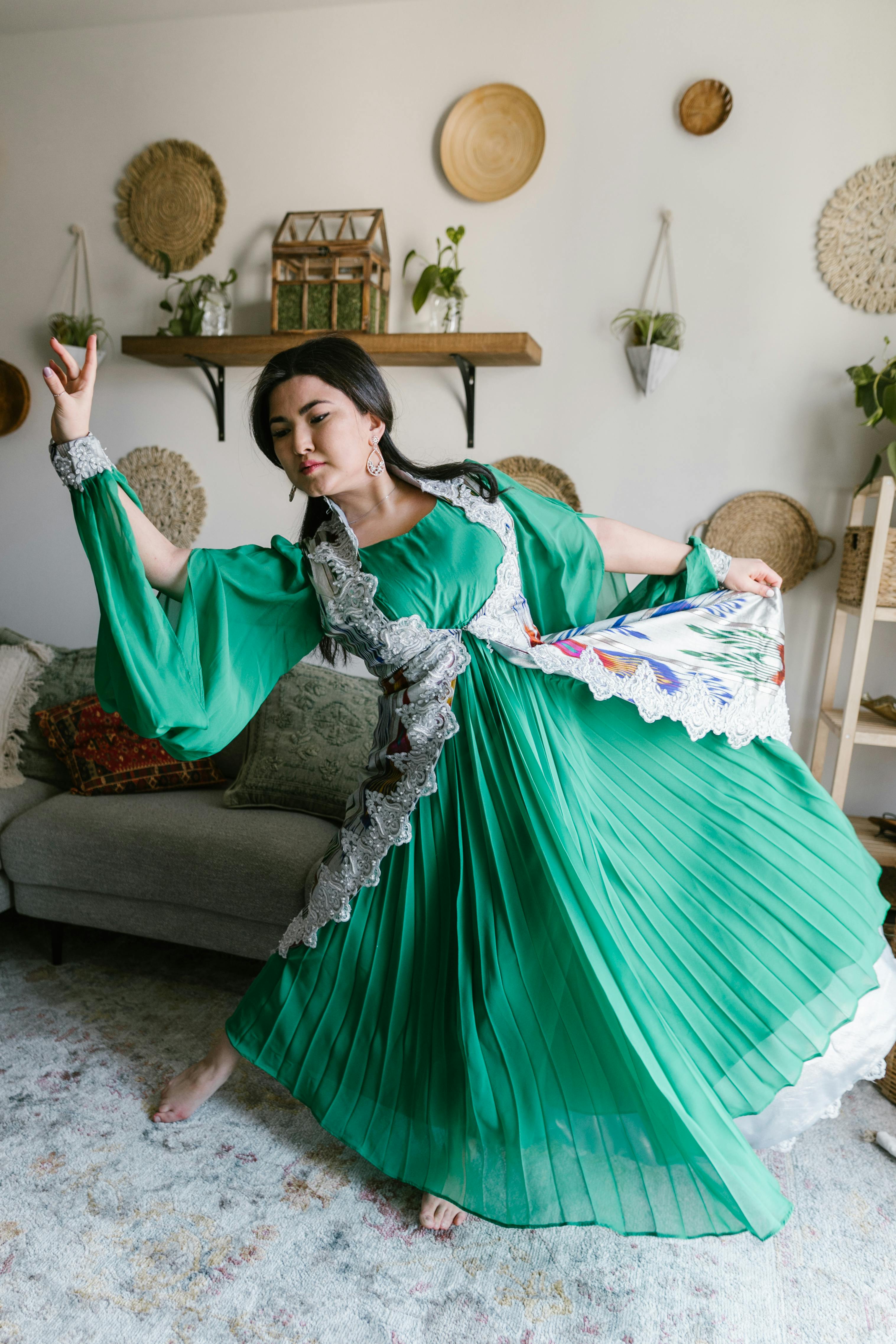 woman in green and white dress