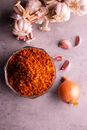 A Bowl of Spice Condiment on a Gray Background Table