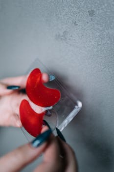 Hands holding red gel eye patches, perfect for skin care routines.