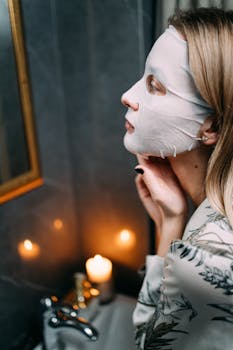 Adult woman applying a sheet mask as part of her skincare routine, creating a pampering spa-like atmosphere.