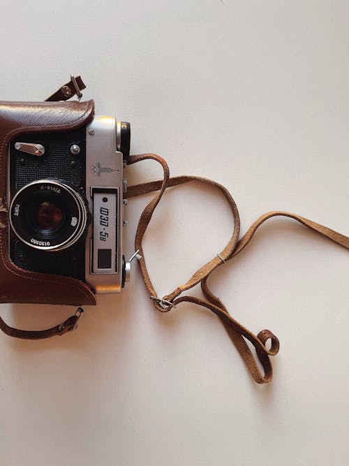 Vintage film camera in leather case
