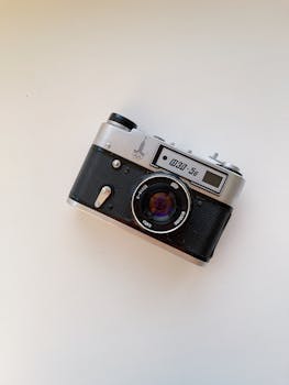 Classic vintage film camera on a white surface, captured from above.
