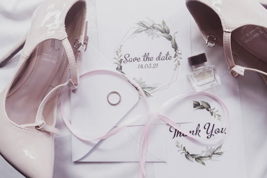 A chic flat lay of wedding essentials including heels, perfume, and invitations.