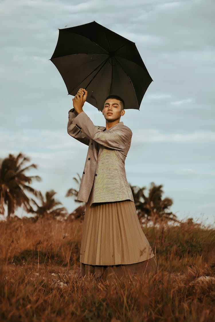 Asian Man In Traditional Wear With Umbrella In Field