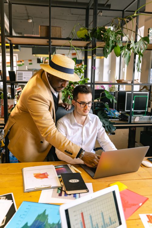 Free Two business professionals reviewing charts on a laptop in a modern office environment. Stock Photo