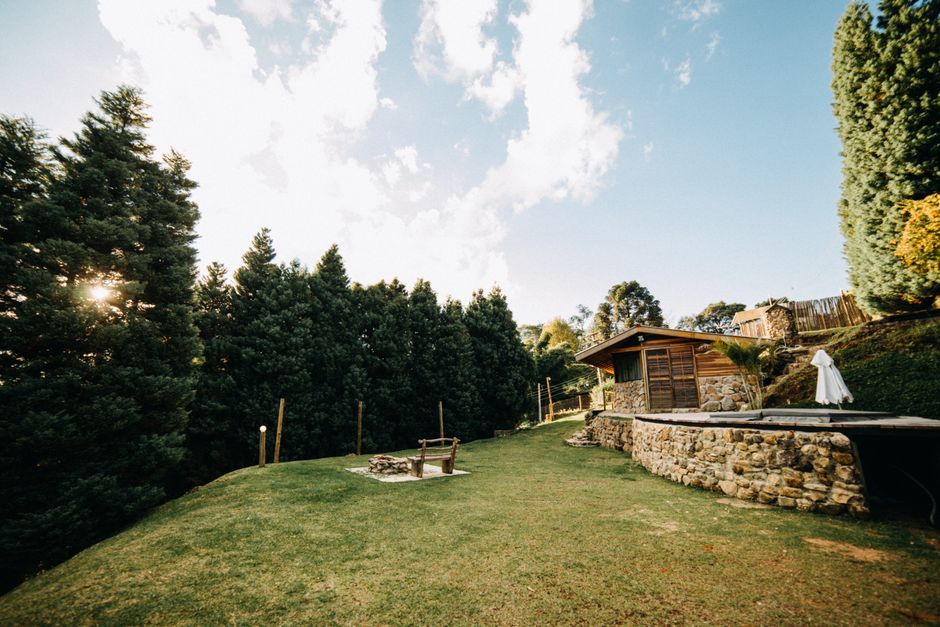 Shabby wooden house located on grassy ground in suburb area near tall lush coniferous trees in forest on summer day