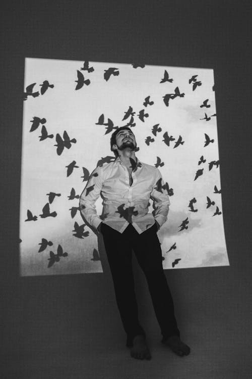 Black and white full body of male in white shirt standing in dark studio near wall with shadows of birds flying under sky