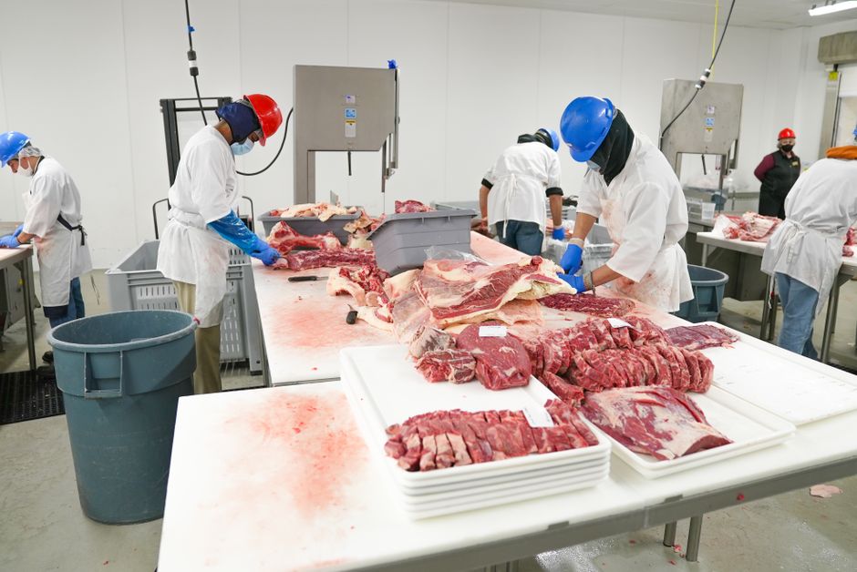 Photo by Mark Stebnicki Workers in a meat processing facility wearing safety gear and cutting meat indoors.