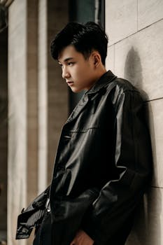 Stylish young man in leather jacket leaning against wall, lost in thought.