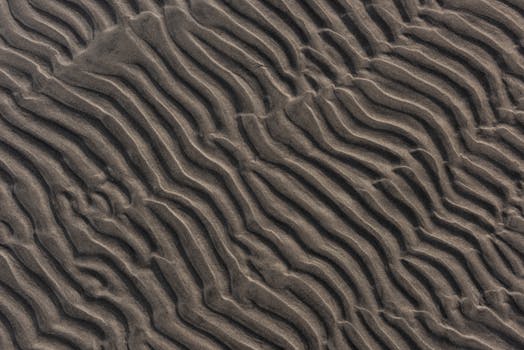 Close-up of sand dunes with wave-like patterns, highlighting natural textures and shapes.