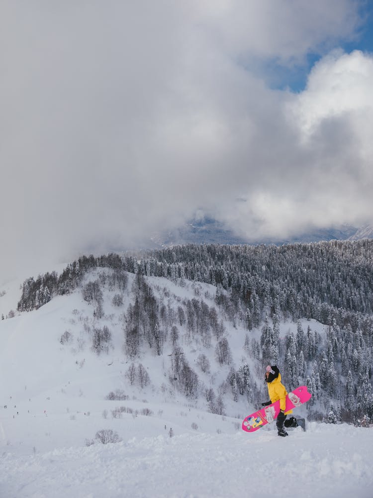 Person In Winter Clothing Walking On A Snowy Downhill